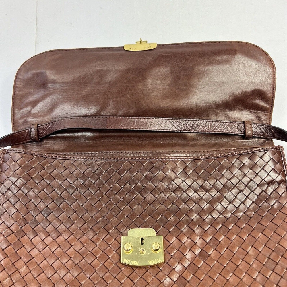 Bottega Veneta Cognac Brown Woven Leather Briefcase Top Handle Gold Buckle - Picture 9 of 16
